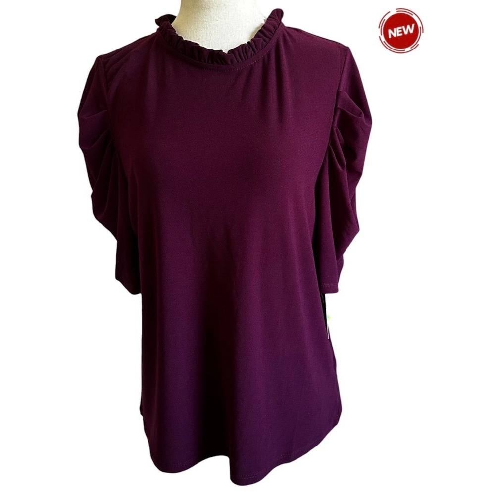 CeCe Women Plum Ruffle Mock Neck Puff Short Sleeve Blouse Top Size L NWT | 0207